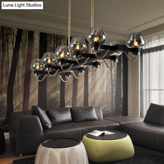 Contemporary Island Lamp: 10 Glass Bulbs In Clear/Amber/Smoke Suspended Fixture - Black/Brass For