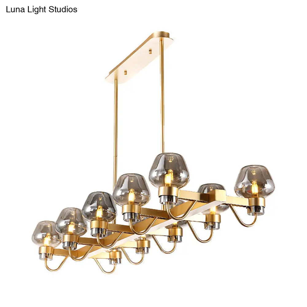 Contemporary Island Lamp: 10 Glass Bulbs In Clear/Amber/Smoke Suspended Fixture - Black/Brass For