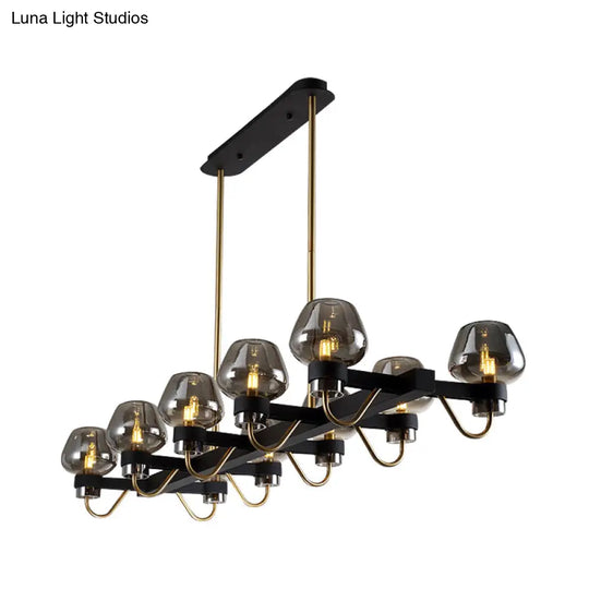 Contemporary Island Lamp: 10 Glass Bulbs In Clear/Amber/Smoke Suspended Fixture - Black/Brass For