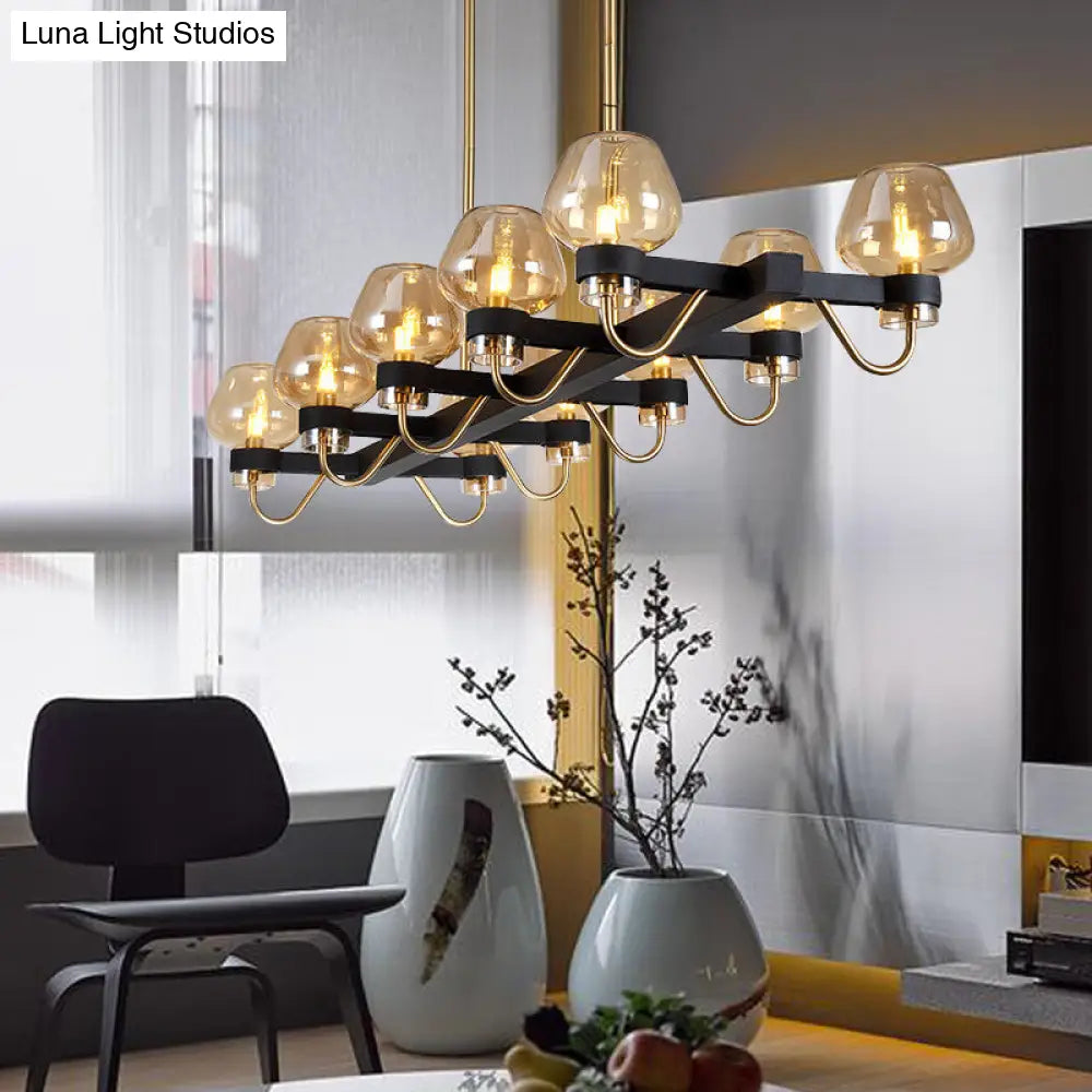 Contemporary Island Lamp: 10 Glass Bulbs In Clear/Amber/Smoke Suspended Fixture - Black/Brass For