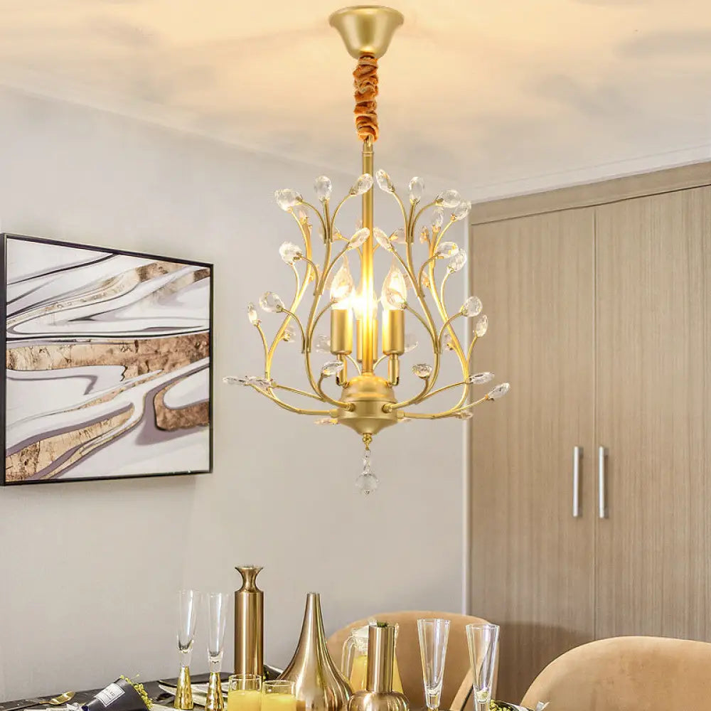 Contemporary K9 Crystal Branch Chandelier - 3-Lights Pendant Lamp For Dining Room Black/Gold Gold