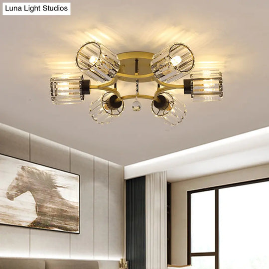 Contemporary K9 Crystal Gold Flushmount Light Fixture - Cylindrical Design 3/6 Heads