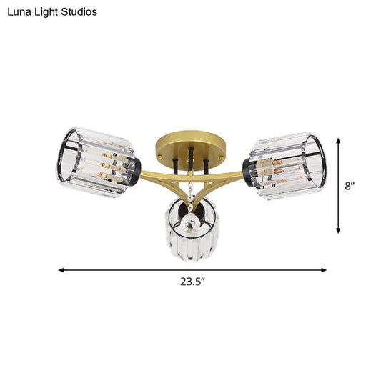 Contemporary K9 Crystal Gold Flushmount Light Fixture - Cylindrical Design 3/6 Heads