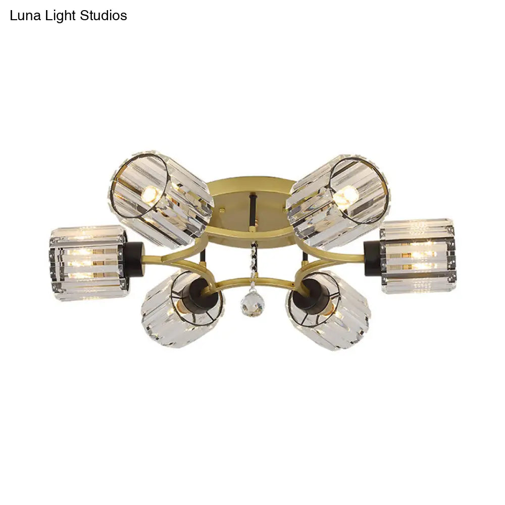 Contemporary K9 Crystal Gold Flushmount Light Fixture - Cylindrical Design 3/6 Heads