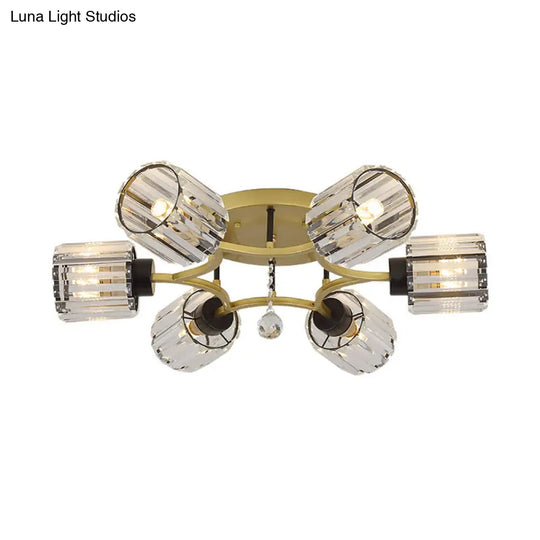 Contemporary K9 Crystal Gold Flushmount Light Fixture - Cylindrical Design 3/6 Heads