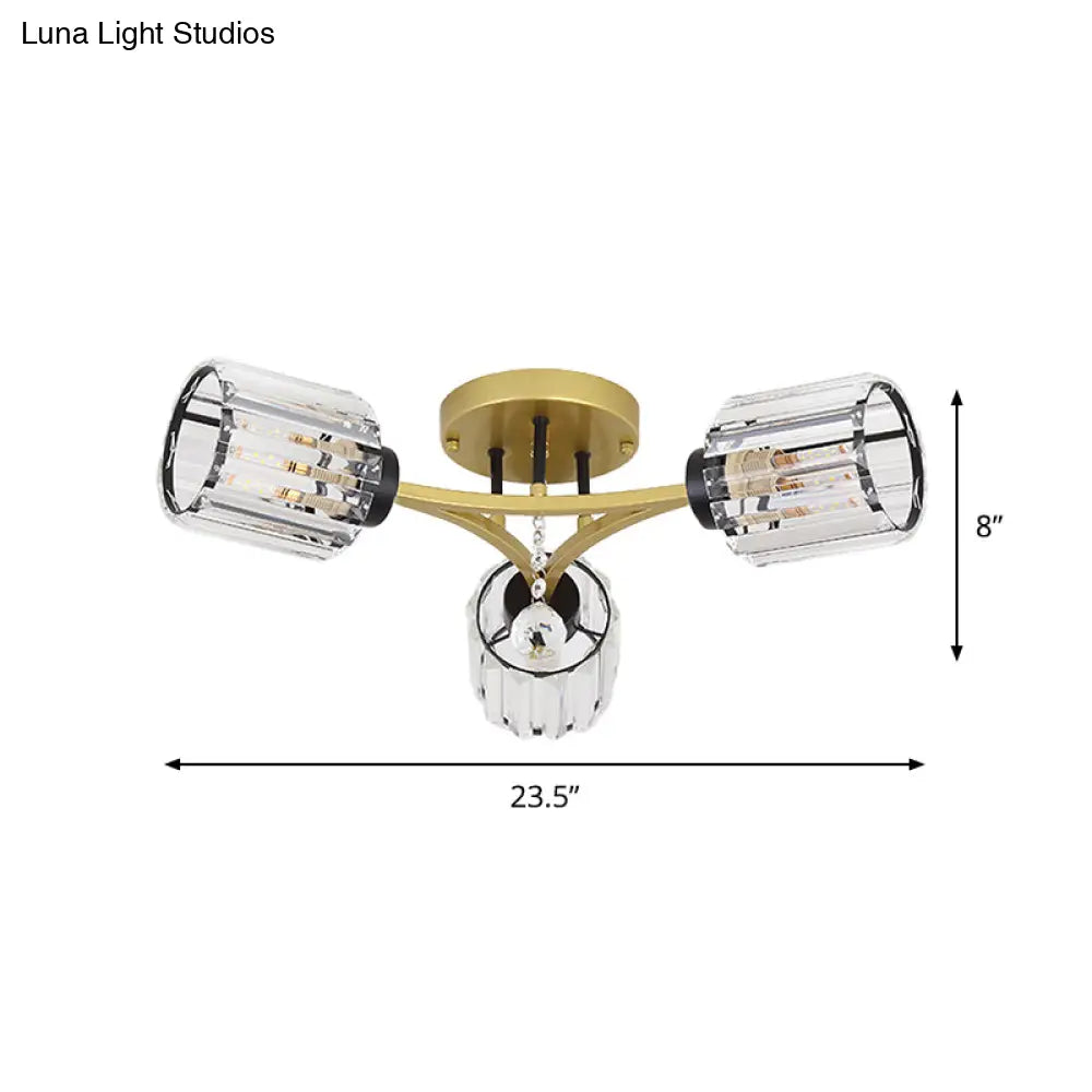 Contemporary K9 Crystal Gold Flushmount Light Fixture - Cylindrical Design 3/6 Heads