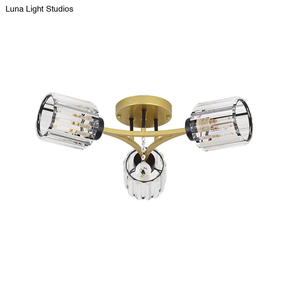 Contemporary K9 Crystal Gold Flushmount Light Fixture - Cylindrical Design 3/6 Heads