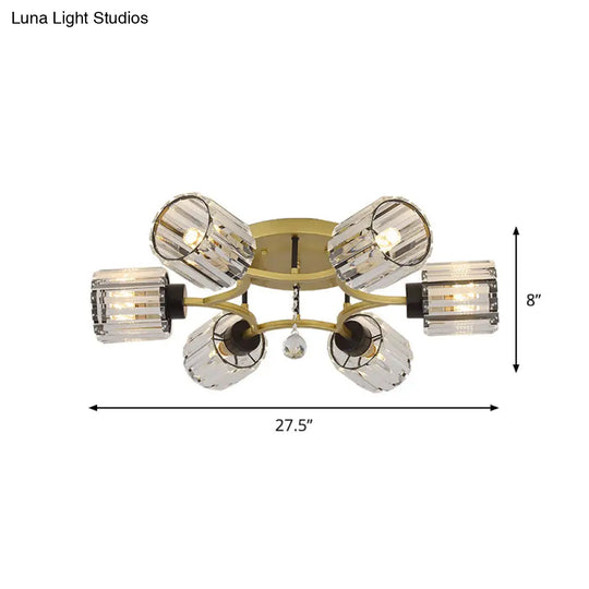 Contemporary K9 Crystal Gold Flushmount Light Fixture - Cylindrical Design 3/6 Heads