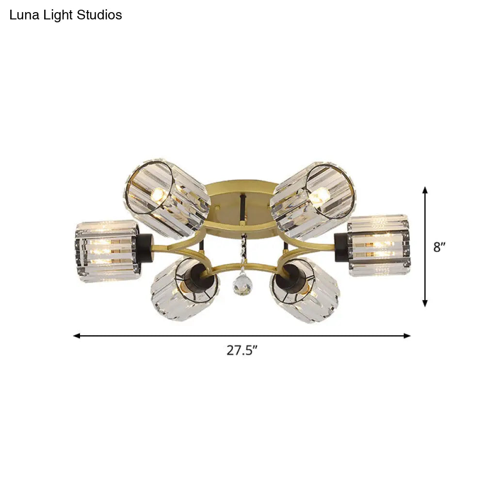 Contemporary K9 Crystal Gold Flushmount Light Fixture - Cylindrical Design 3/6 Heads