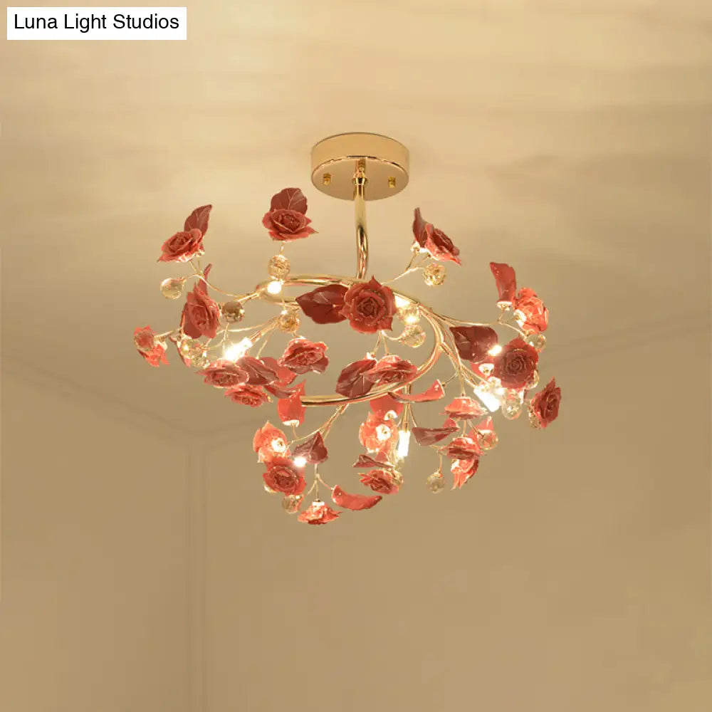 Contemporary K9 Crystal Red Semi Flush Light With Elegant Rose And Leaf Spiral Design 7 Lights