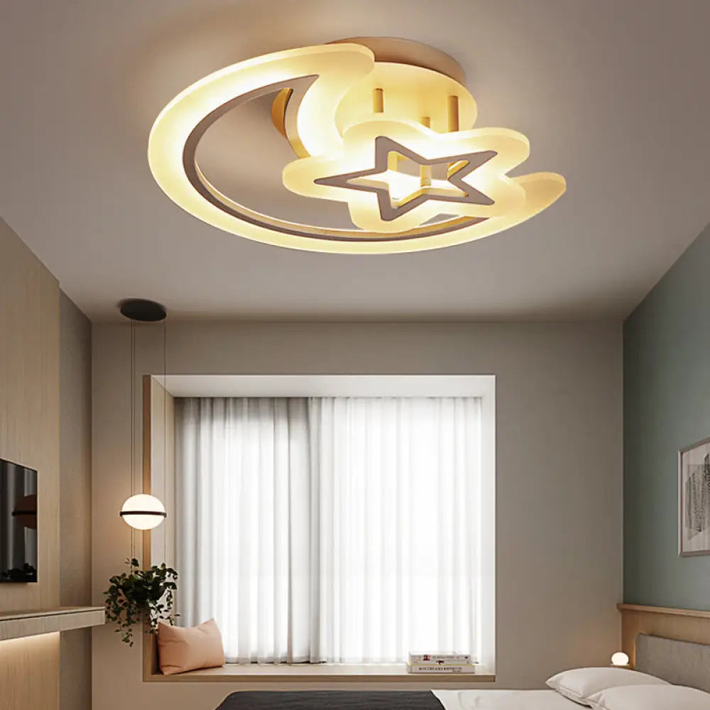 Contemporary Kids Bedroom Ceiling Lamp - Acrylic Moon & Star Mount Light In White / 19.5’ Warm