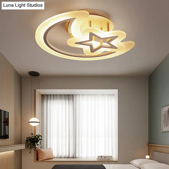 Contemporary Kids Bedroom Ceiling Lamp - Acrylic Moon & Star Mount Light In White / 19.5 Warm