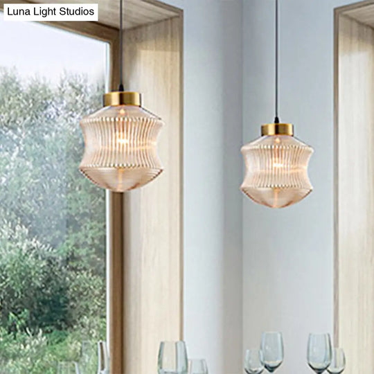 Contemporary Lantern Pendant Light - Amber/Smoke Gray Prismatic Glass Gold Ceiling Hanging