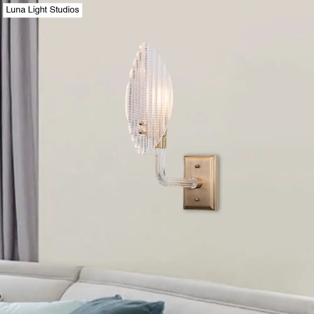 Contemporary Leaf Textured Glass Wall Sconce With Brass Backplate - 1/2 Lights For Living Room