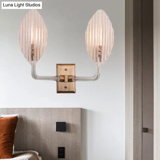 Contemporary Leaf Textured Glass Wall Sconce With Brass Backplate - 1/2 Lights For Living Room