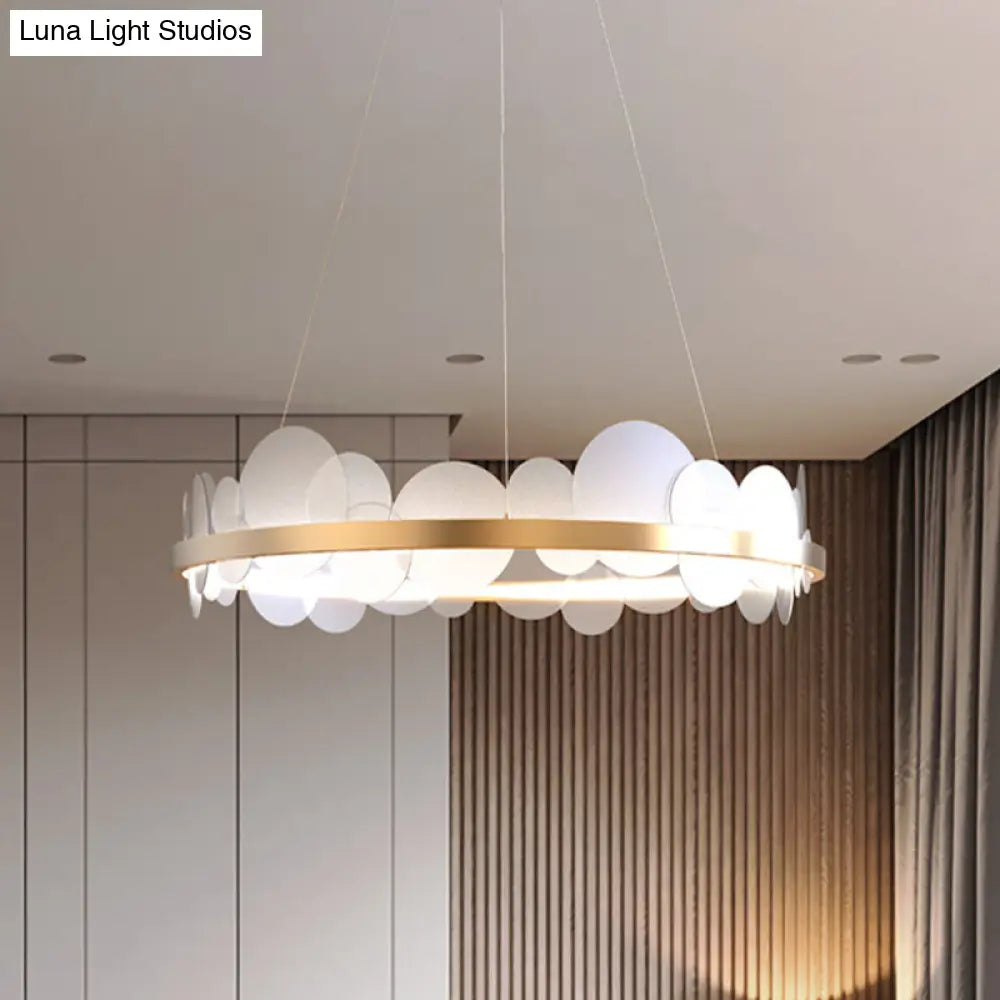 Contemporary Acrylic Round Panel Hanging Chandelier - Led Gold Pendant With Ring Design In