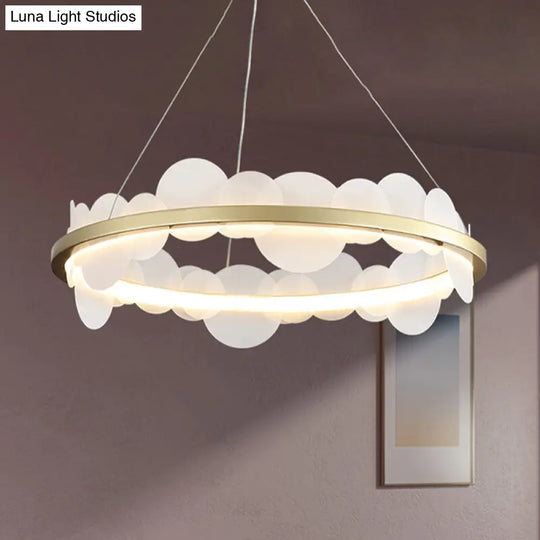 Contemporary Acrylic Round Panel Hanging Chandelier - Led Gold Pendant With Ring Design In