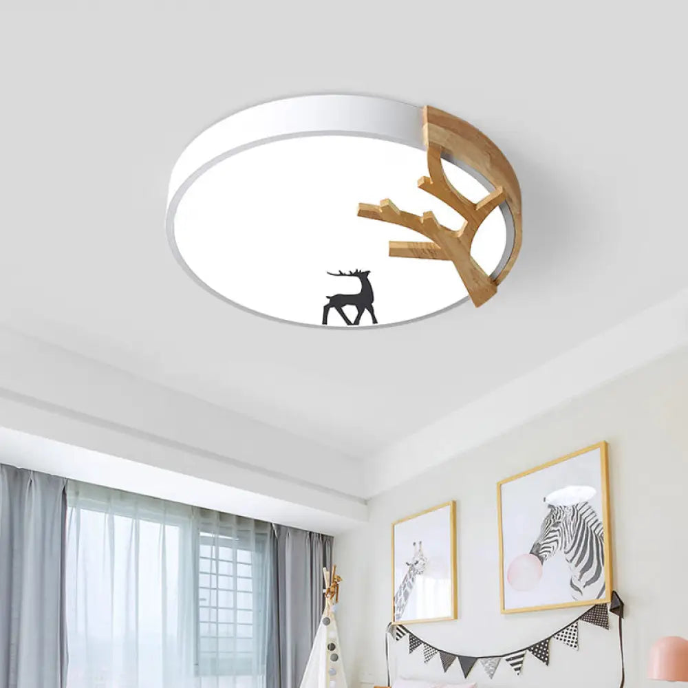 Contemporary Led Acrylic Drum Flush Mount Lighting - Green/White/Gray Ceiling Light With Deer