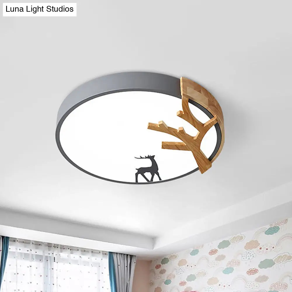 Contemporary Led Acrylic Drum Flush Mount Lighting - Green/White/Gray Ceiling Light With Deer
