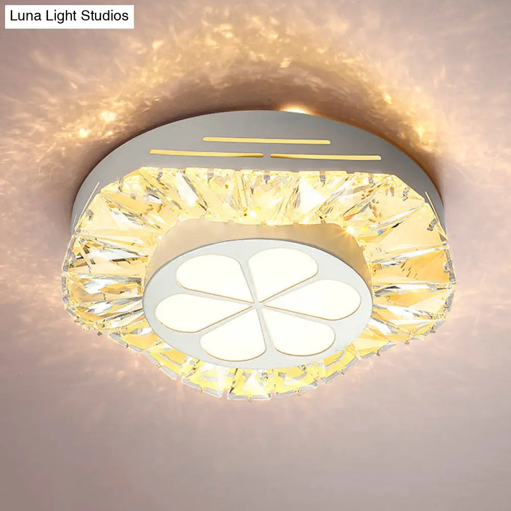 Contemporary Led Acrylic Flush Mount Ceiling Light - White Finish With Clear Crystal Flushmount