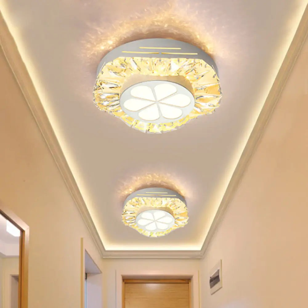 Contemporary Led Acrylic Flush Mount Ceiling Light - White Finish With Clear Crystal Flushmount