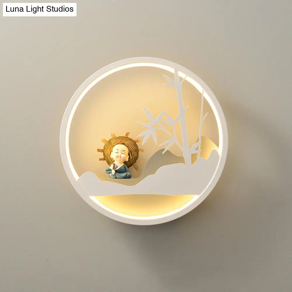 Contemporary Led Acrylic Ring Wall Sconce Lighting With Charming Girl/Bear/Little Monk Deco - White