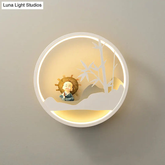 Contemporary Led Acrylic Ring Wall Sconce Lighting With Charming Girl/Bear/Little Monk Deco - White