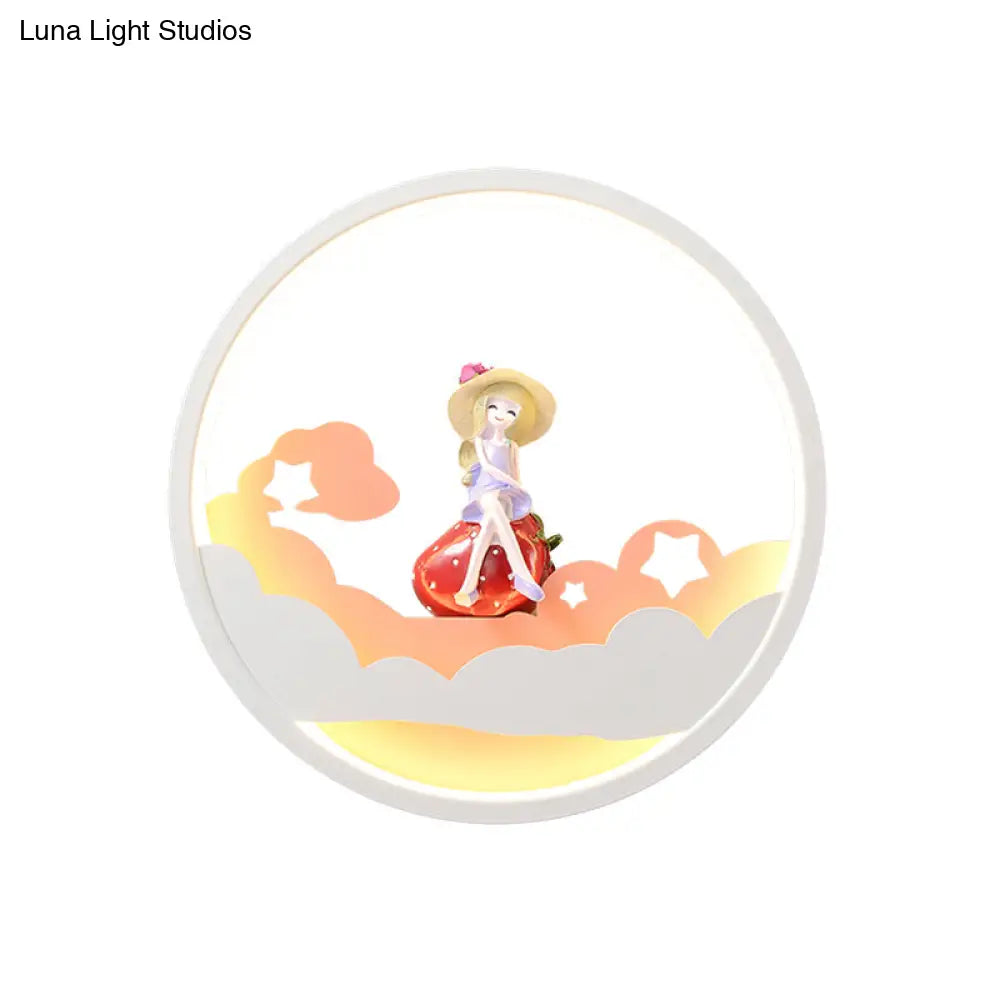 Contemporary Led Acrylic Ring Wall Sconce Lighting With Charming Girl/Bear/Little Monk Deco - White