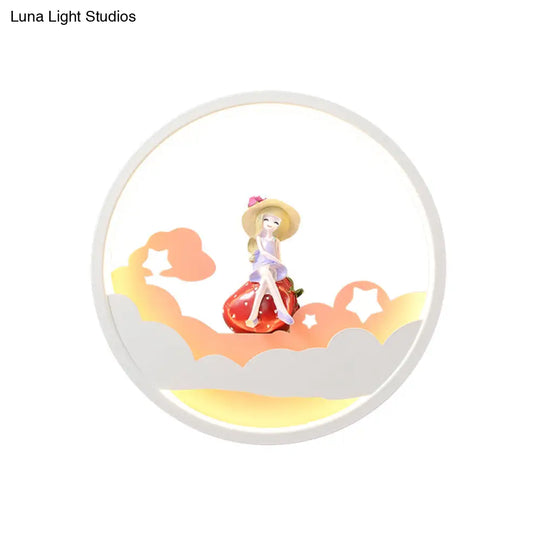 Contemporary Led Acrylic Ring Wall Sconce Lighting With Charming Girl/Bear/Little Monk Deco - White