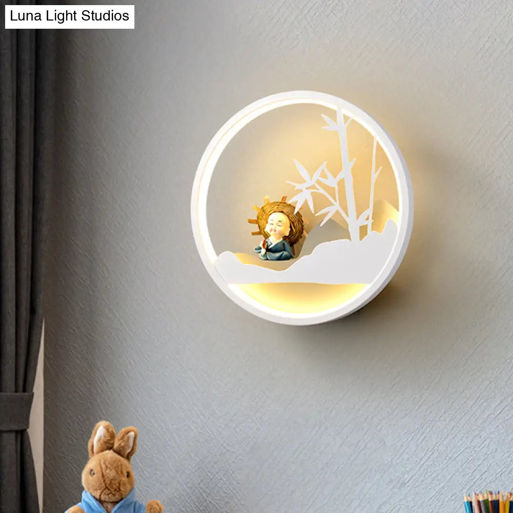 Contemporary Led Acrylic Ring Wall Sconce Lighting With Charming Girl/Bear/Little Monk Deco - White