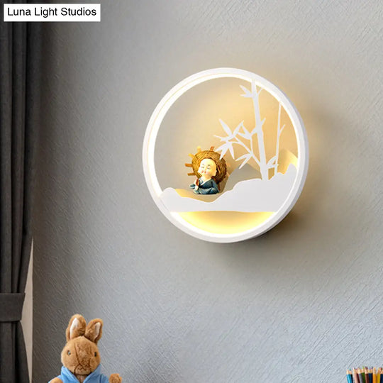 Contemporary Led Acrylic Ring Wall Sconce Lighting With Charming Girl/Bear/Little Monk Deco - White