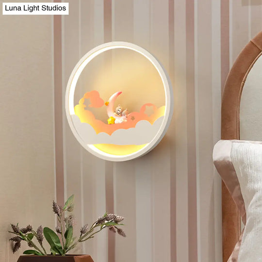 Contemporary Led Acrylic Ring Wall Sconce Lighting With Charming Girl/Bear/Little Monk Deco - White