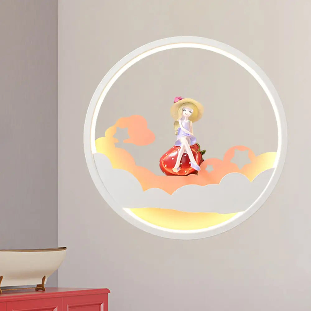 Contemporary Led Acrylic Ring Wall Sconce Lighting With Charming Girl/Bear/Little Monk Deco - White