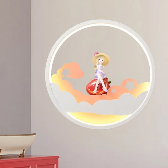 Contemporary Led Acrylic Ring Wall Sconce Lighting With Charming Girl/Bear/Little Monk Deco - White