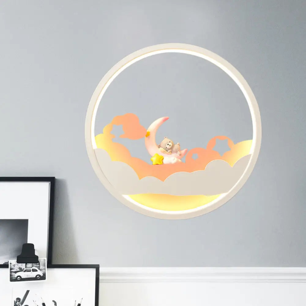 Contemporary Led Acrylic Ring Wall Sconce Lighting With Charming Girl/Bear/Little Monk Deco - White