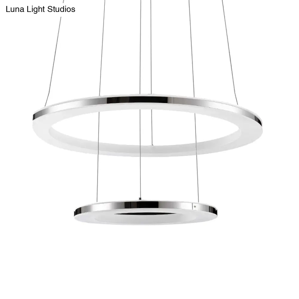 Contemporary Led Acrylic Round Ceiling Pendant Chandelier - 1/2/3-Head Silver Warm/White Light