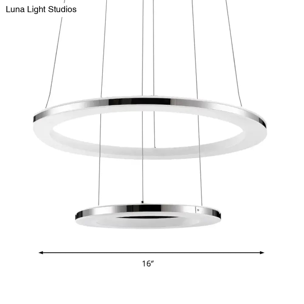 Contemporary Led Acrylic Round Ceiling Pendant Chandelier - 1/2/3-Head Silver Warm/White Light