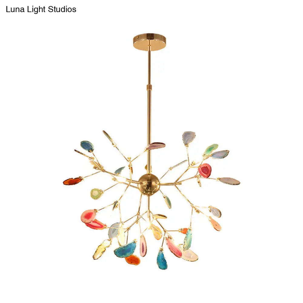 Contemporary Led Agate Suspension Pendant Light For Dining Room - Gold Leaf Chandelier Lighting