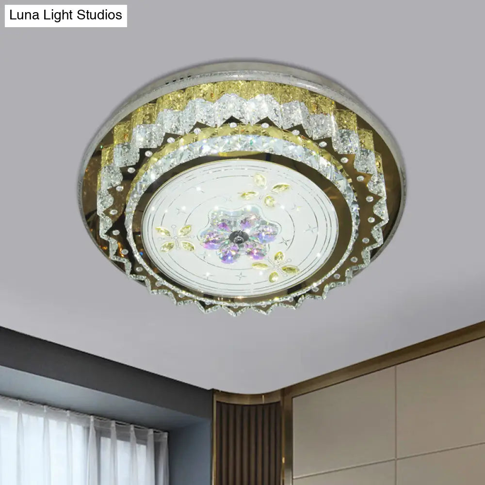 Contemporary Led Bedroom Ceiling Fixture - Crystal Blocks Round Flush Mount In Stainless-Steel