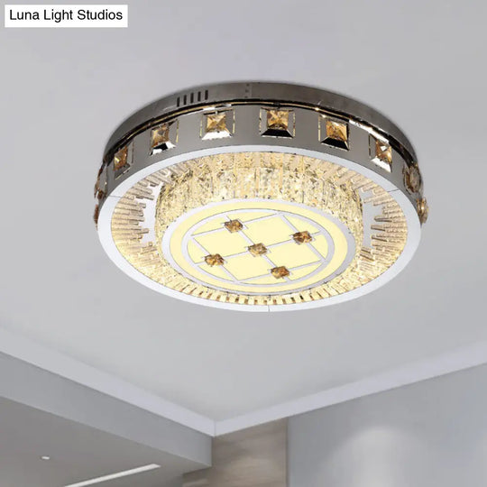 Contemporary Led Bedroom Lighting Fixture - Stainless Steel Flush Mount With Circular Crystal Blocks