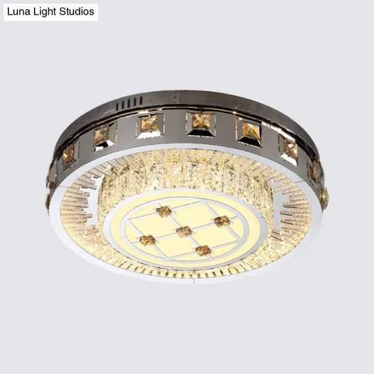 Contemporary Led Bedroom Lighting Fixture - Stainless Steel Flush Mount With Circular Crystal Blocks