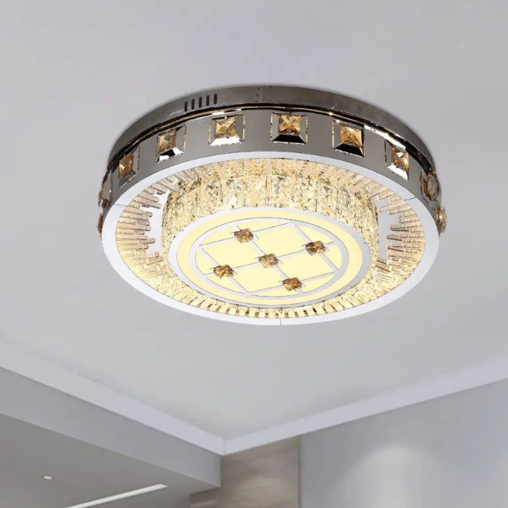Contemporary Led Bedroom Lighting Fixture - Stainless Steel Flush Mount With Circular Crystal