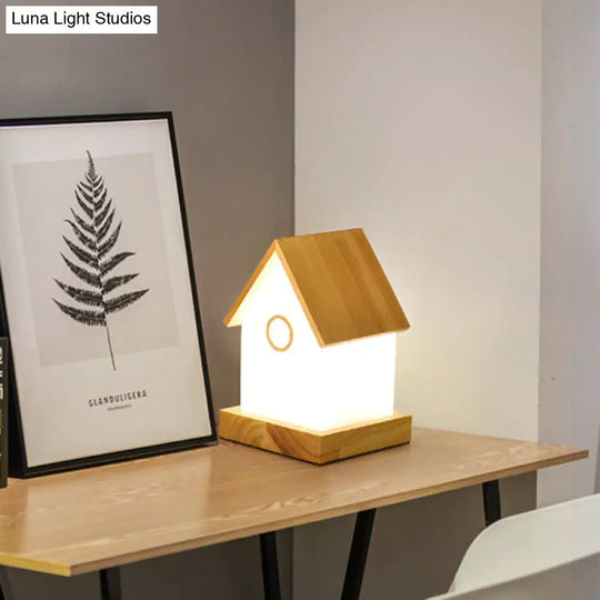 Contemporary Led Beige Nightstand Light - Wood House Shape Bedside Lamp