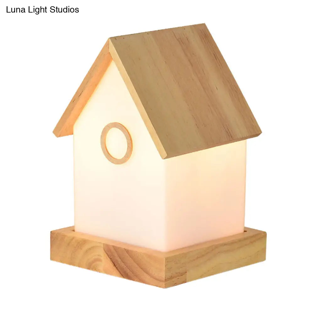 Contemporary Led Beige Nightstand Light - Wood House Shape Bedside Lamp