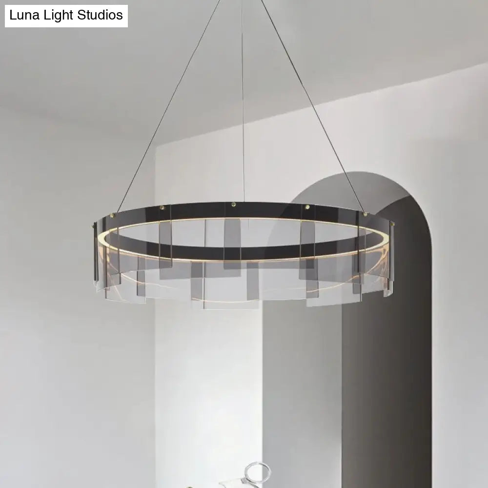 Contemporary Led Glass Panel Pendant Light - Black Ring Fixture With White/Warm Suspension