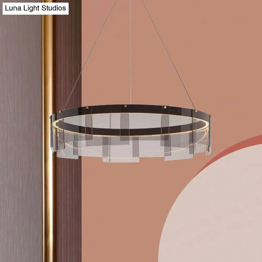 Contemporary Led Glass Panel Pendant Light - Black Ring Fixture With White/Warm Suspension