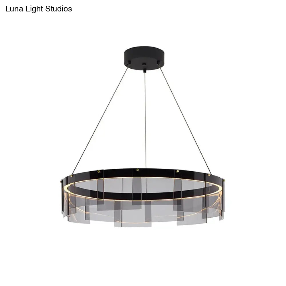 Contemporary Led Glass Panel Pendant Light - Black Ring Fixture With White/Warm Suspension