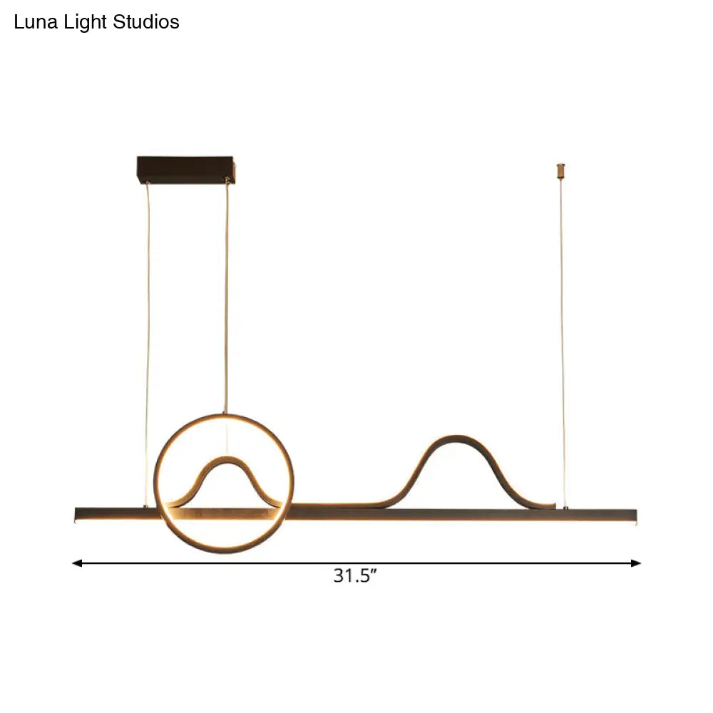 Contemporary Led Black Suspended Island Lamp With Curvy Line And Ring Metallic Design