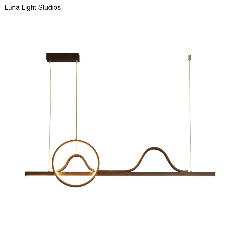 Contemporary Led Black Suspended Island Lamp With Curvy Line And Ring Metallic Design