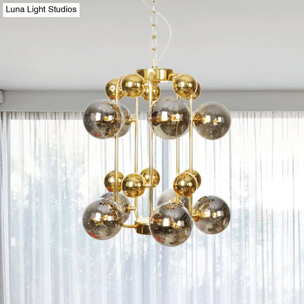 Contemporary Led Ceiling Chandelier: Global Hanging Lights In Amber/Smoke Gray Glass (10 Lights)